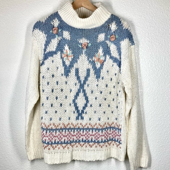 Vintage 80s Knit Sweater Grandma Cottagecore Medium hand knit Floral colterbay - Picture 2 of 12